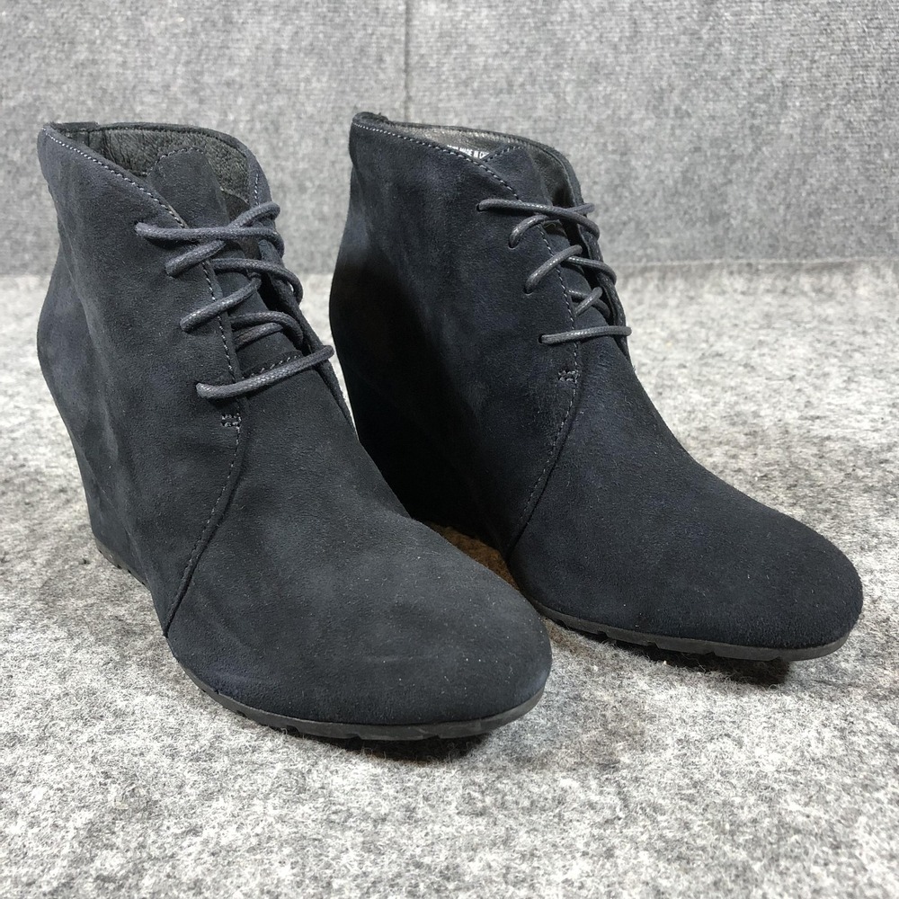 Clarks Womens Ankle Booties‎ 7.5 M Navy Blue Suede Leather Wedge Lace Up Comfort